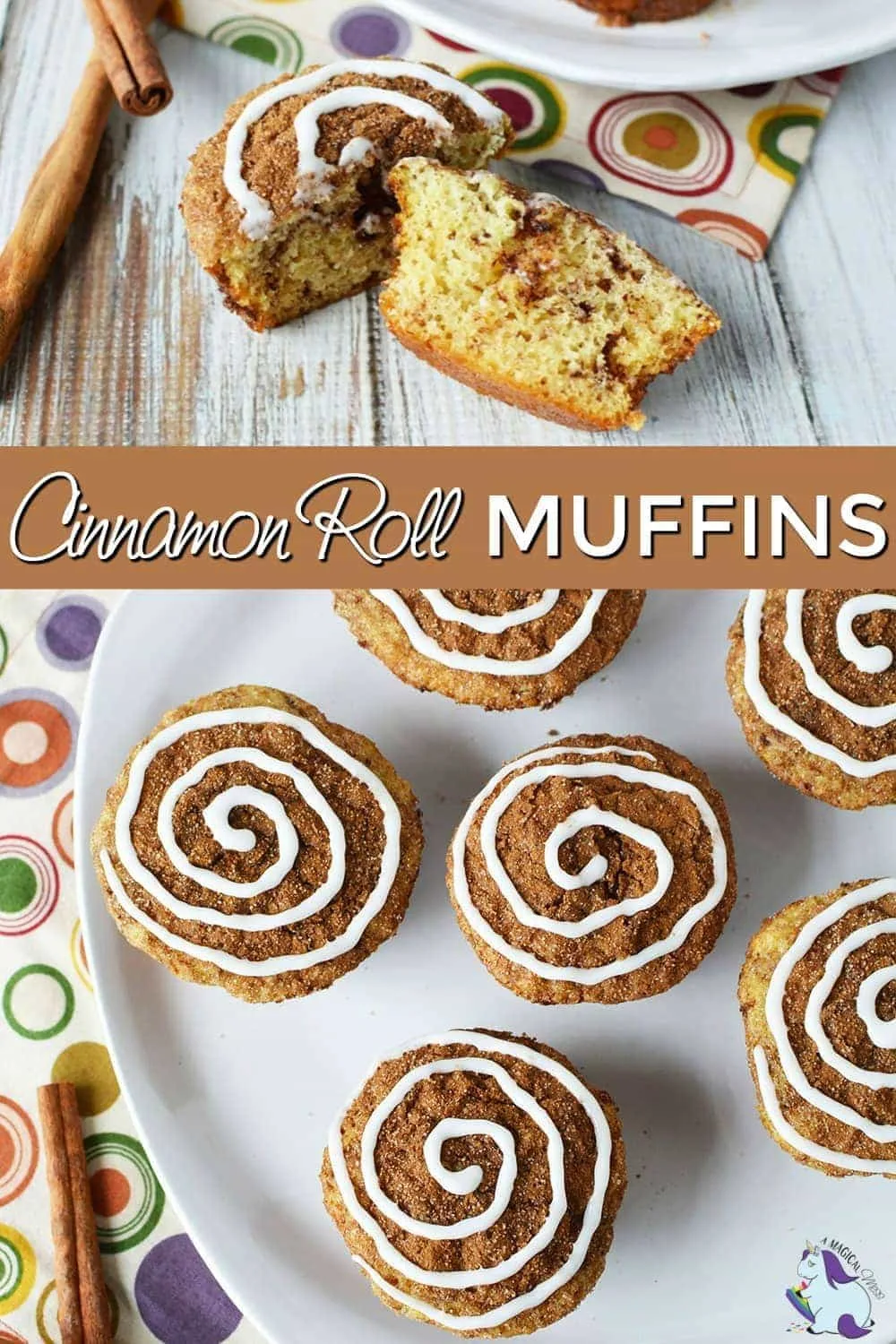 Overhead shot of cinnamon roll muffins on a plate and one broken open. 