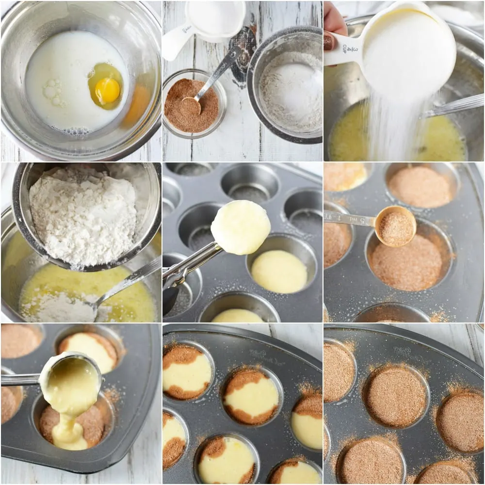 Collage of steps to make cinnamon roll muffins.