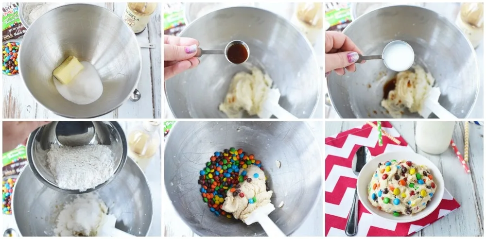 In process pictures of making cookie dough.