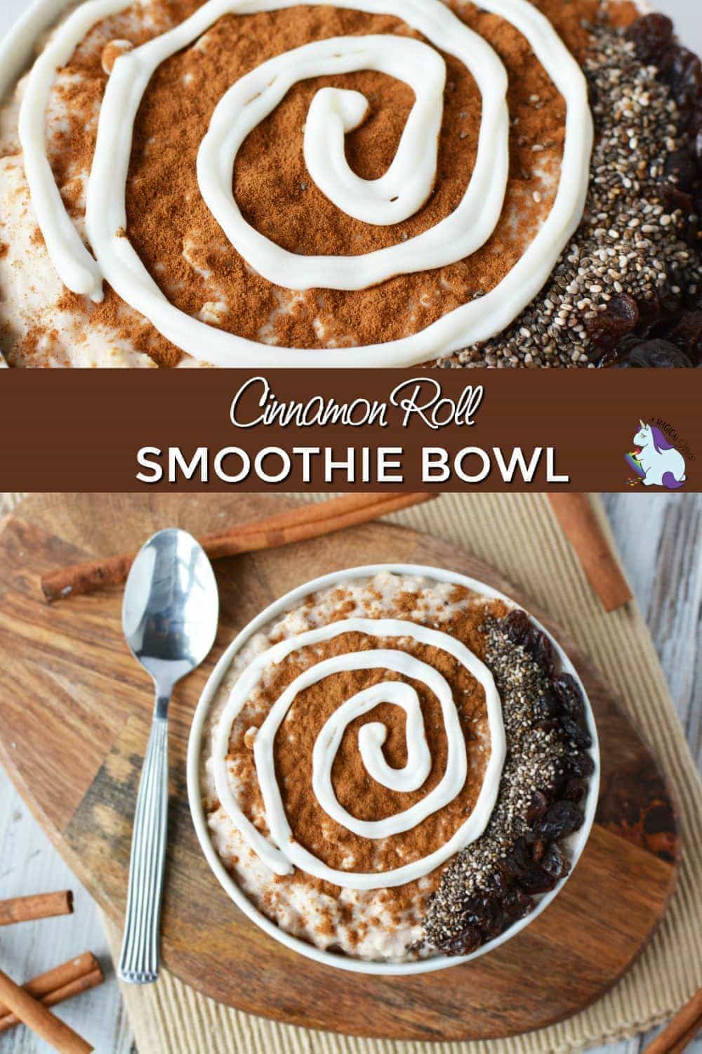 Overhead and closeup shot of cinnamon roll smoothie bowl. 