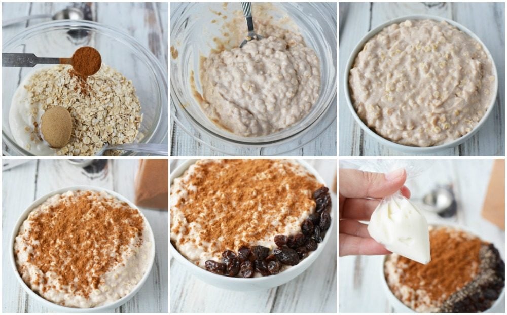 Steps to make a cinnamon roll smoothie bowl.