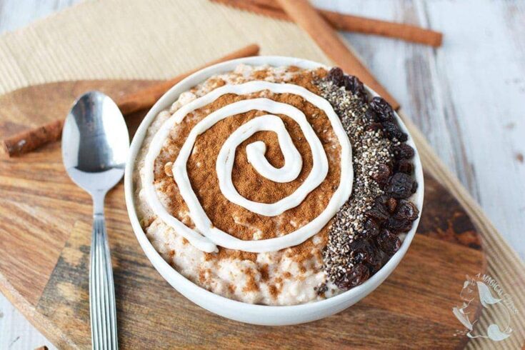 Smoothie bowl with yogurt swirl to look like a cinnamon roll.