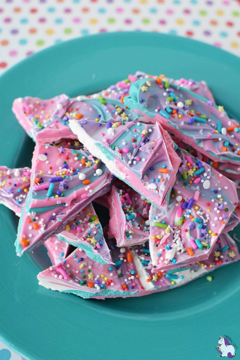 colorful unicorn bark on aqua plate