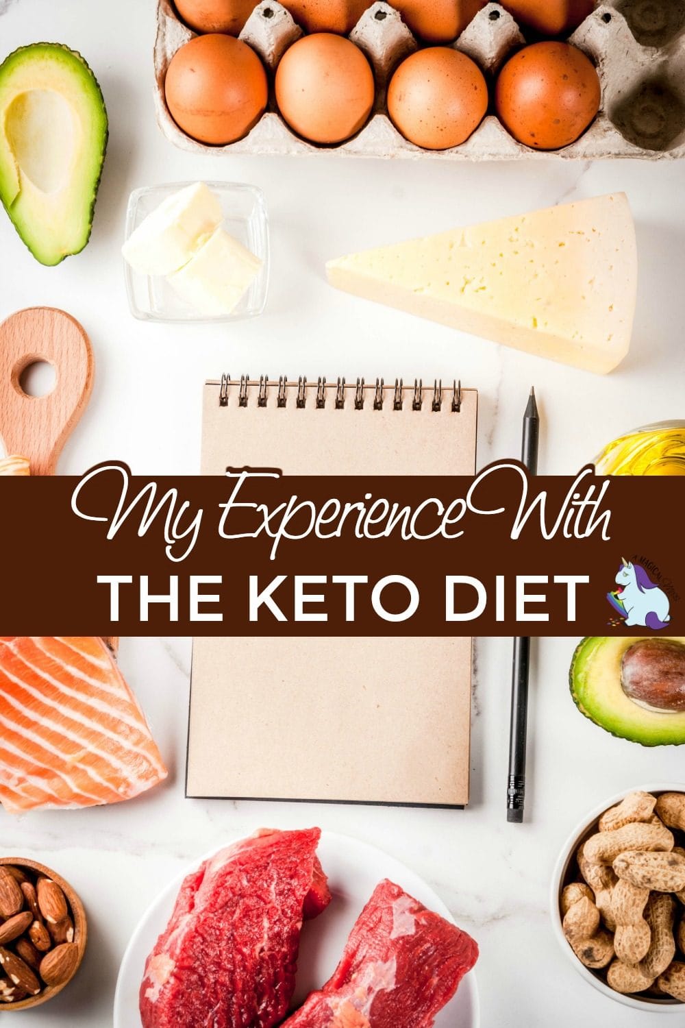 Low carb foods, healthy fat foods surrounding a notebook for the keto diet
