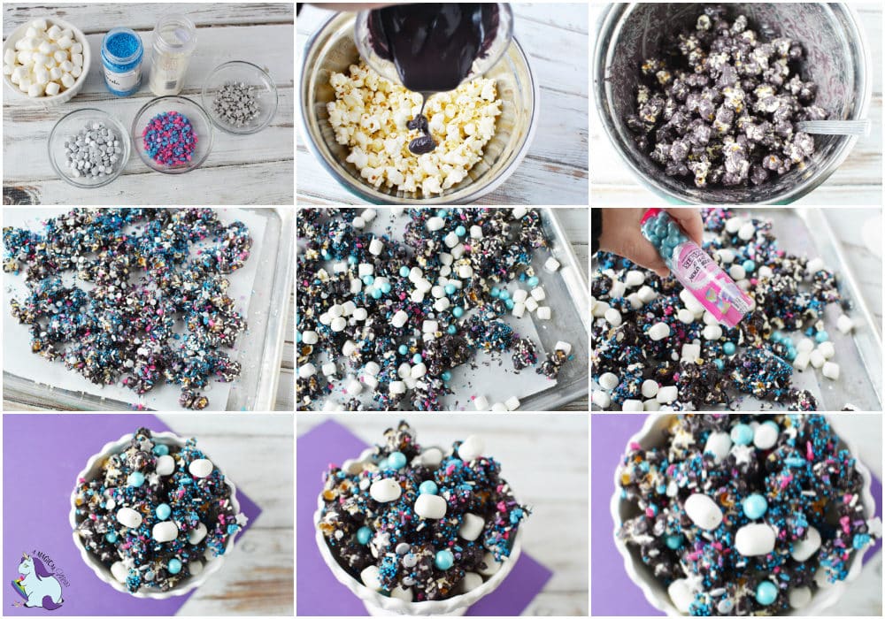 Candy and popcorn in a collage of steps to make galaxy popcorn.