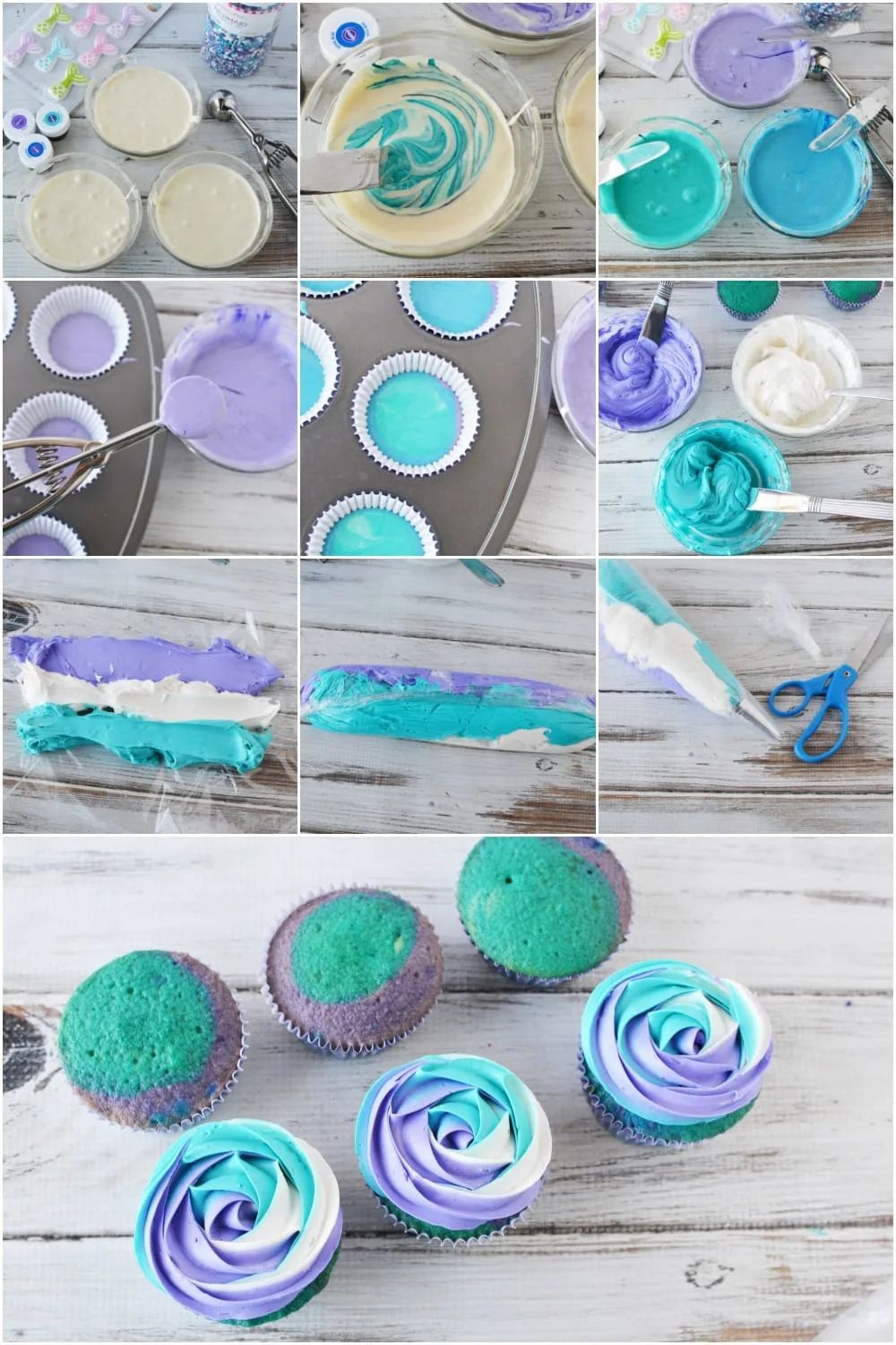Collage of steps to make mermaid cupcakes. Includes swirled cake mix in purple, blue, and white. 