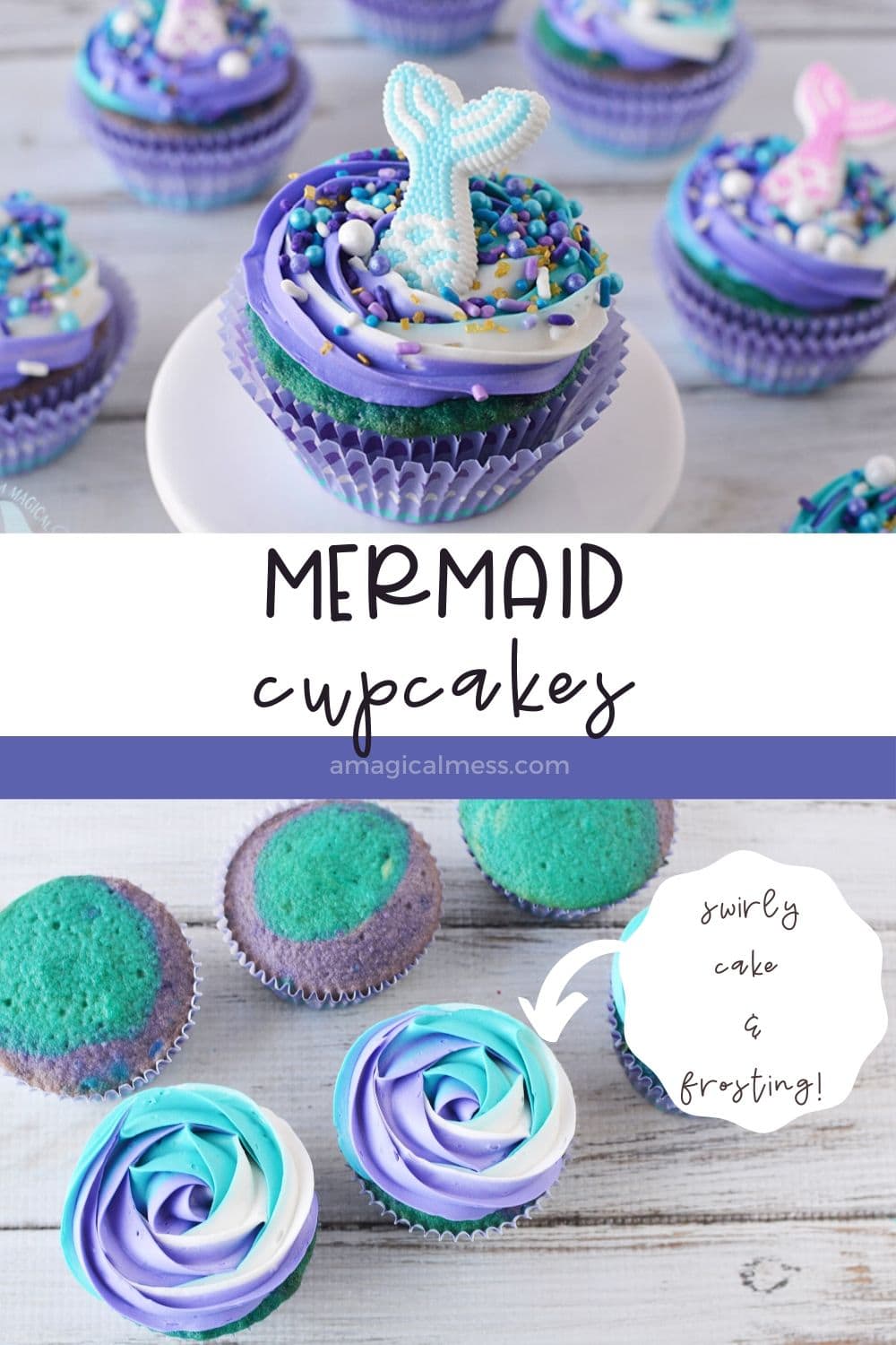 blue swirled cupcakes with mermaid fins