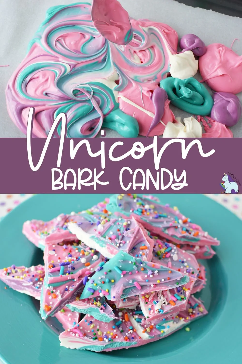 Unicorn bark candy swirled on a pan and broken on a plate