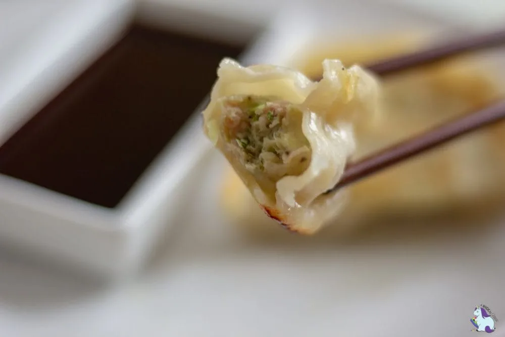 chicken and vegetable potstickers in chopsticks