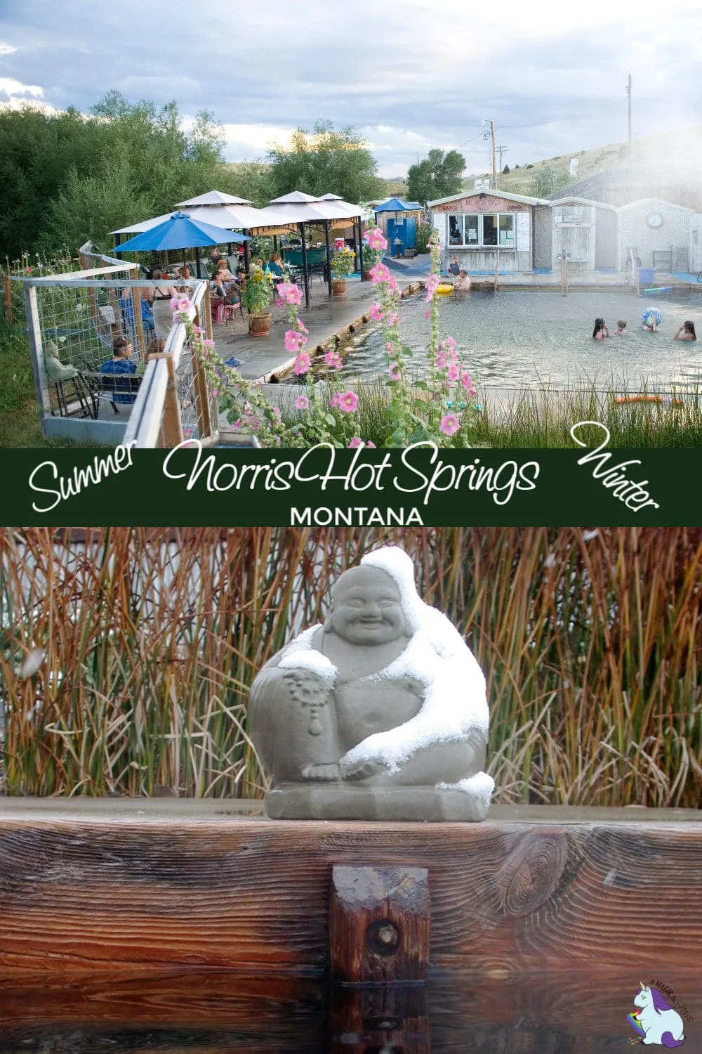 Norris Hot Springs in Montana and a Budda statue. 