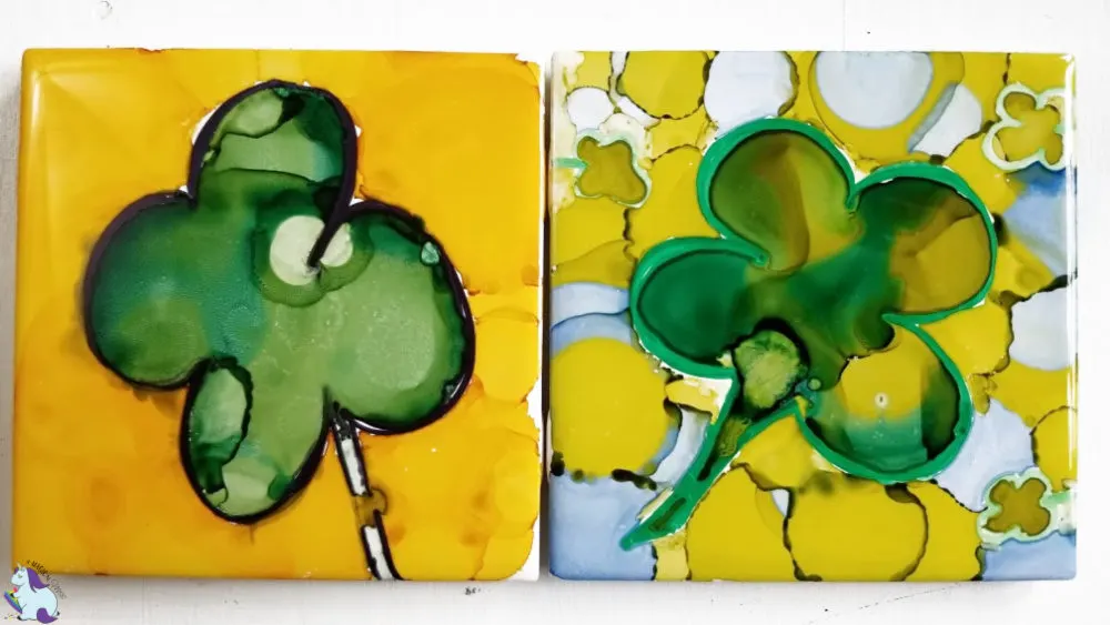 abstract alcohol ink four leaf clovers on tile