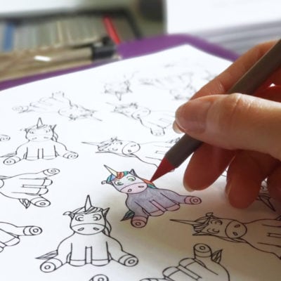 Unicorn coloring page with colored pencil coloring