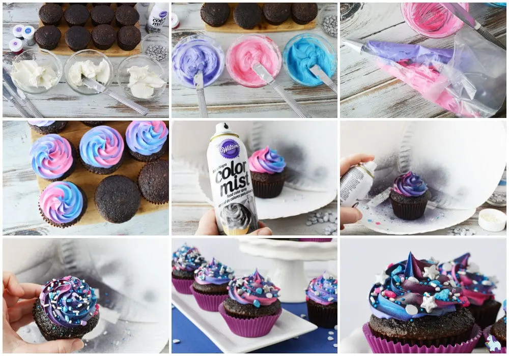 Chocolate cupcakes being decorated in a galaxy theme. A collage of images showing the steps. 
