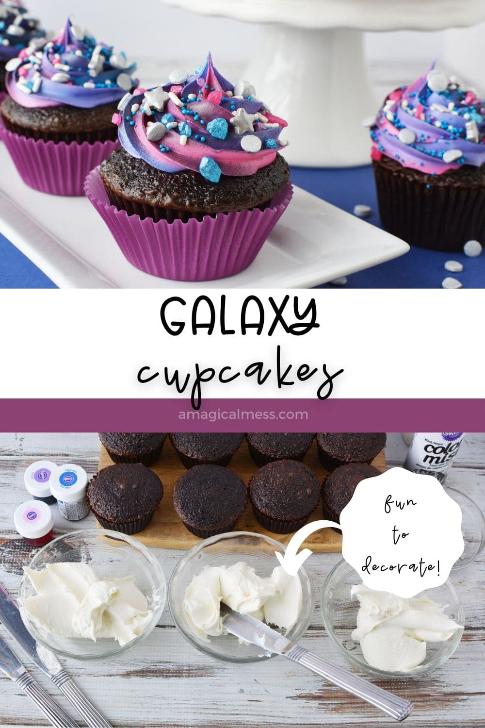 galaxy cupcakes on a plate and ingredients