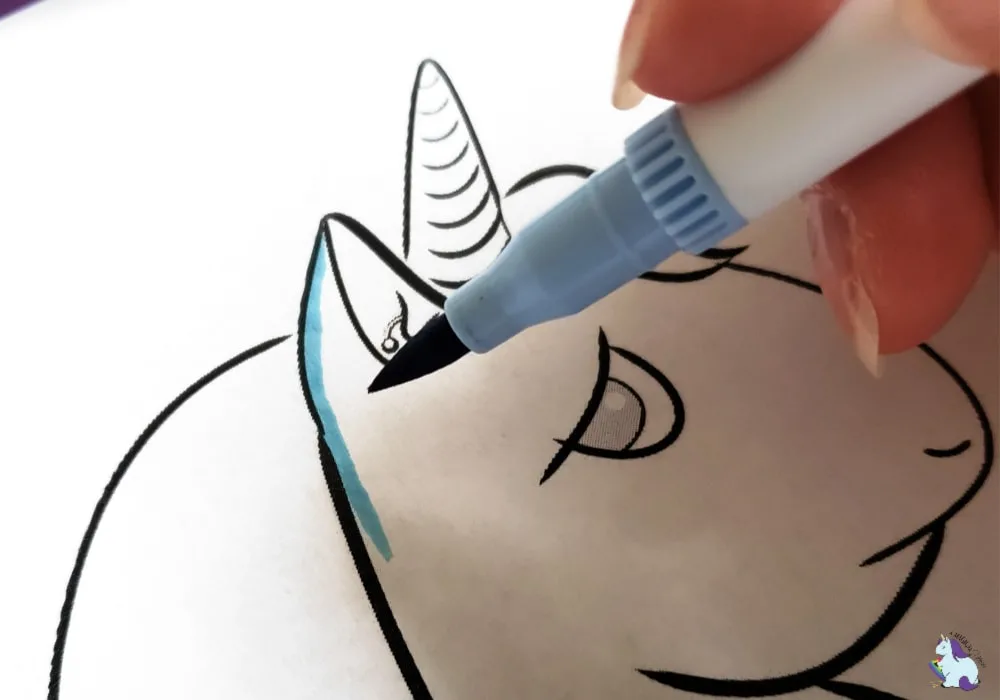 Blue brush tip marker unicorn coloring page.