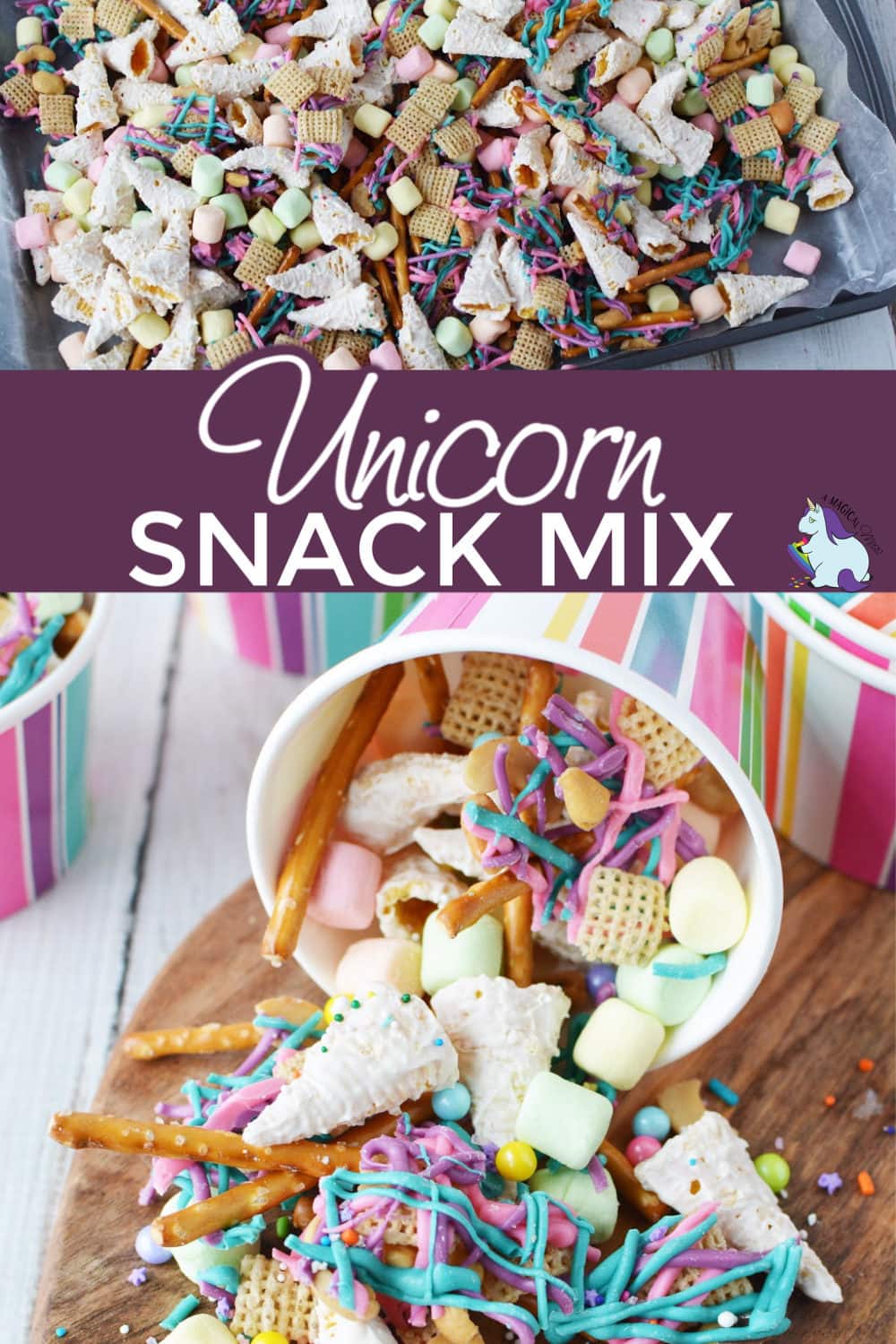 unicorn snack mix spilling out of striped paper cup