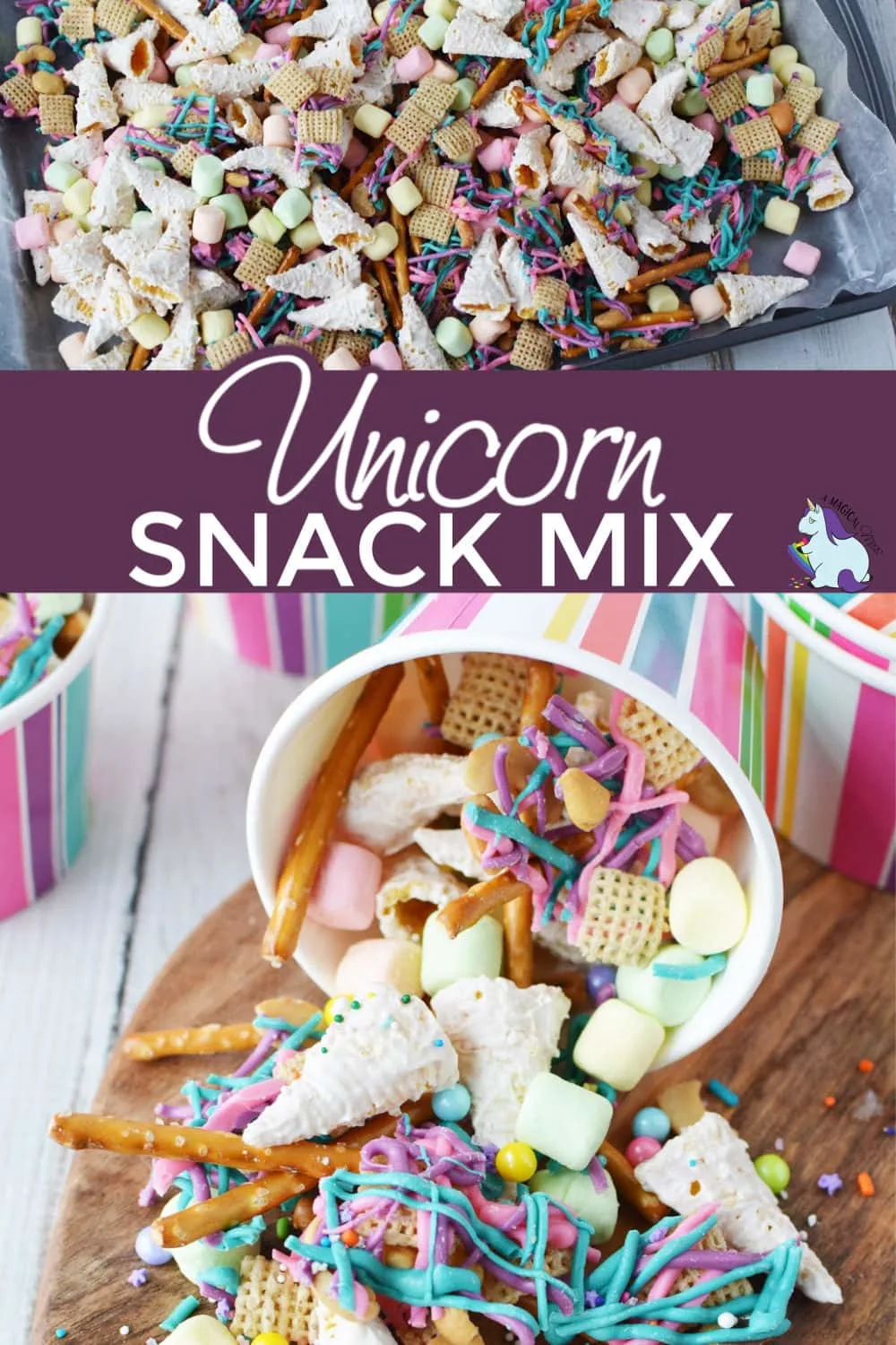 unicorn snack mix spilling out of striped paper cup