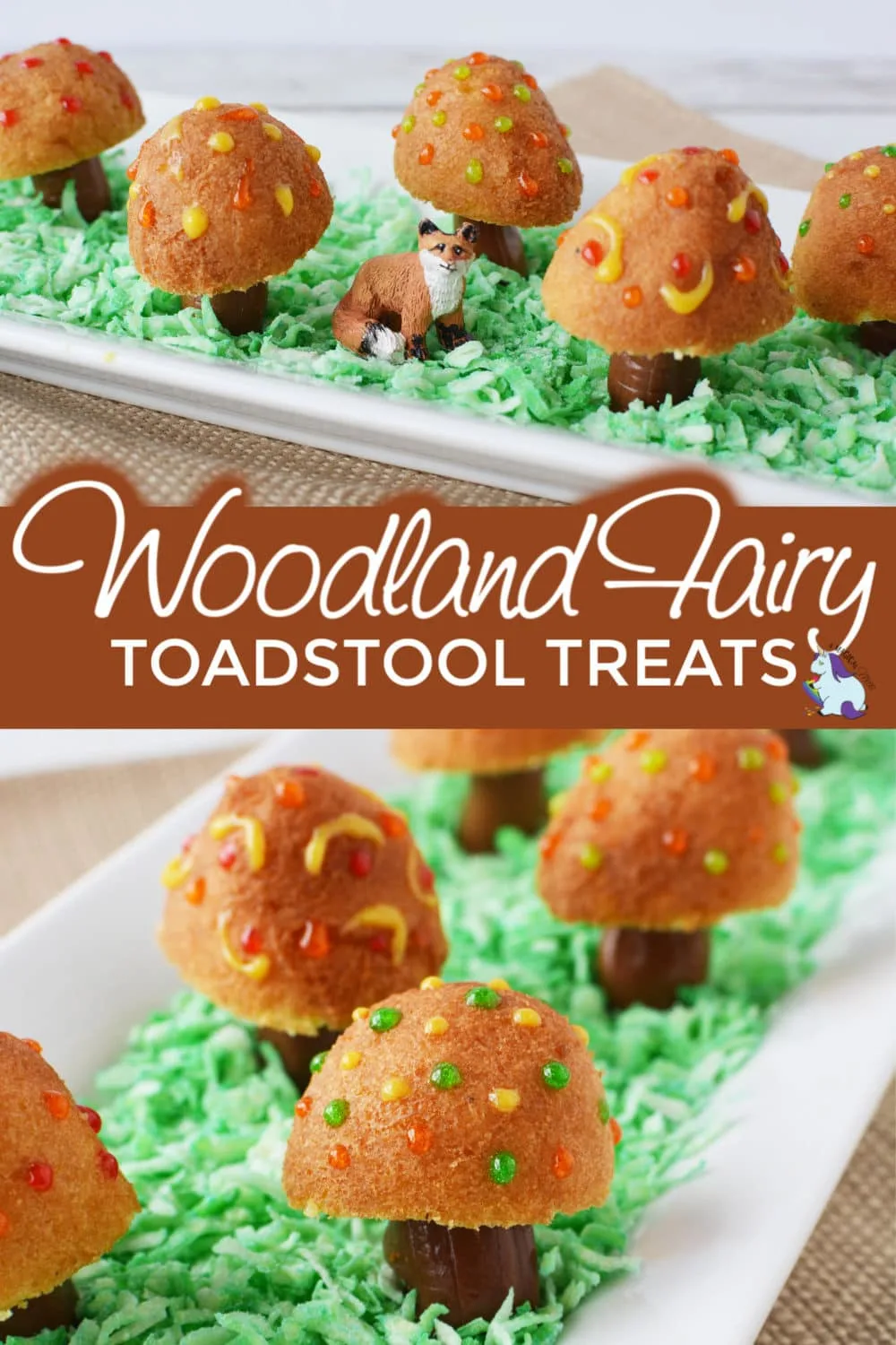 Woodland fairy Toadstool treats on a plate with edible grass and a fox toy.