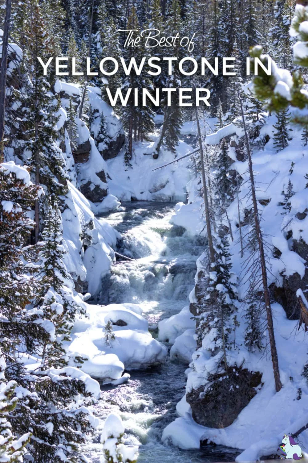 Waterfall in Yellowstone National Park in winter with lots of snow. 