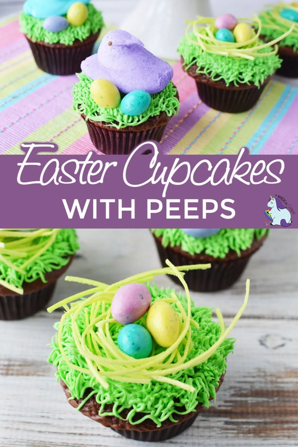 Easter cupcakes with eggs, Peeps, and frosting that looks like grass. 