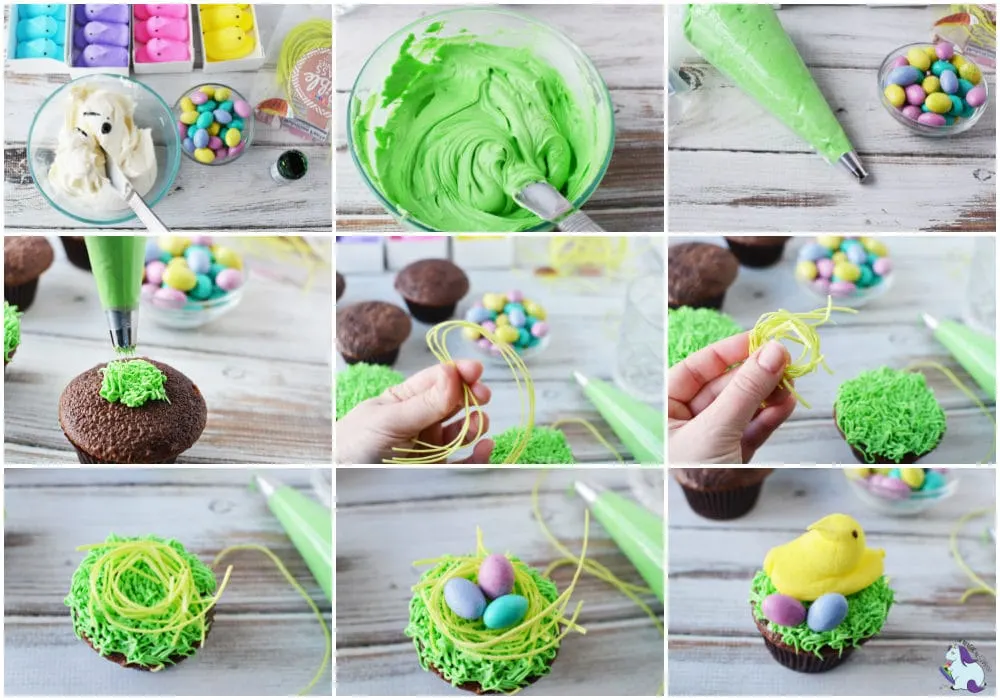 Peeps, frosting, eggs, and images of the Easter cupcake decorating process. 