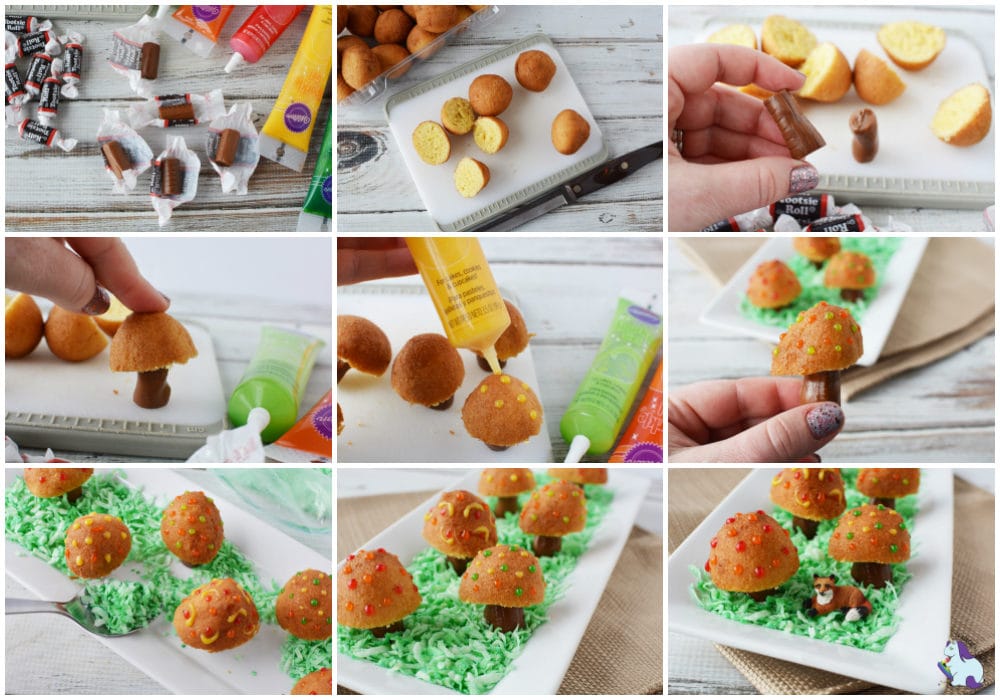 Tootsie rolls, donut holes, food coloring, and all the steps to make little mushroom treats in a collage. 