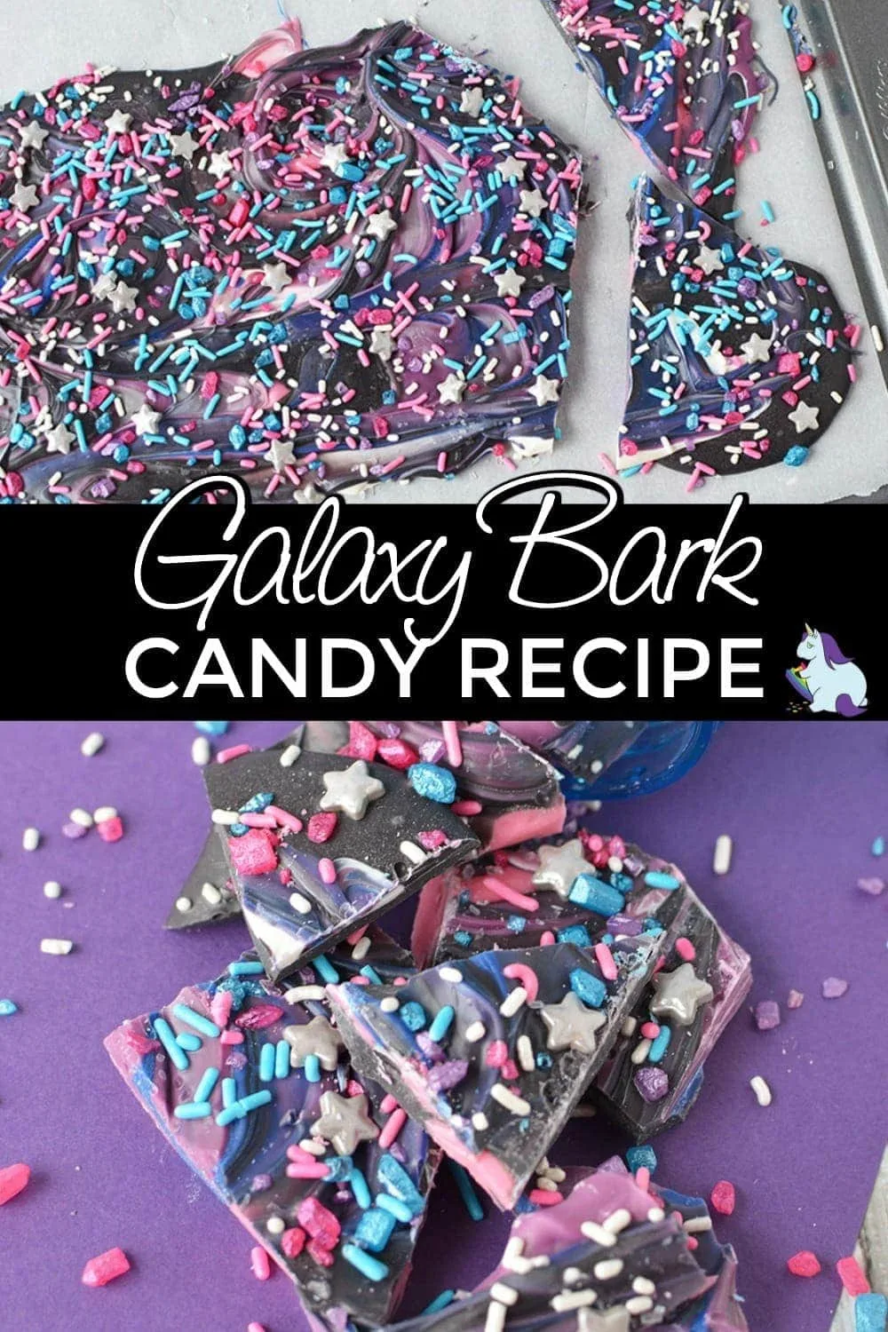 Galaxy bark on a cookie sheet and cracked.