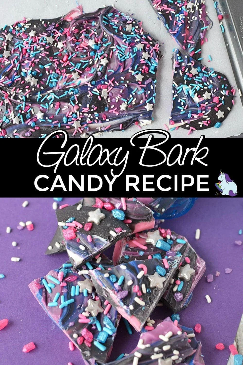 Galaxy bark on a cookie sheet and cracked. 