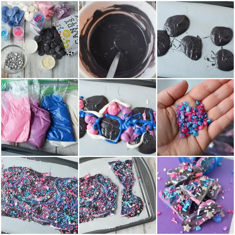 In process steps to make galaxy bark candy. 