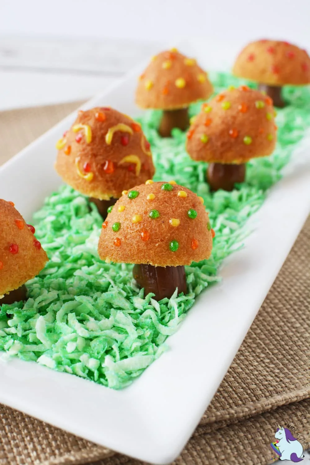 Donuts decorated to look like fairy toadstools. 