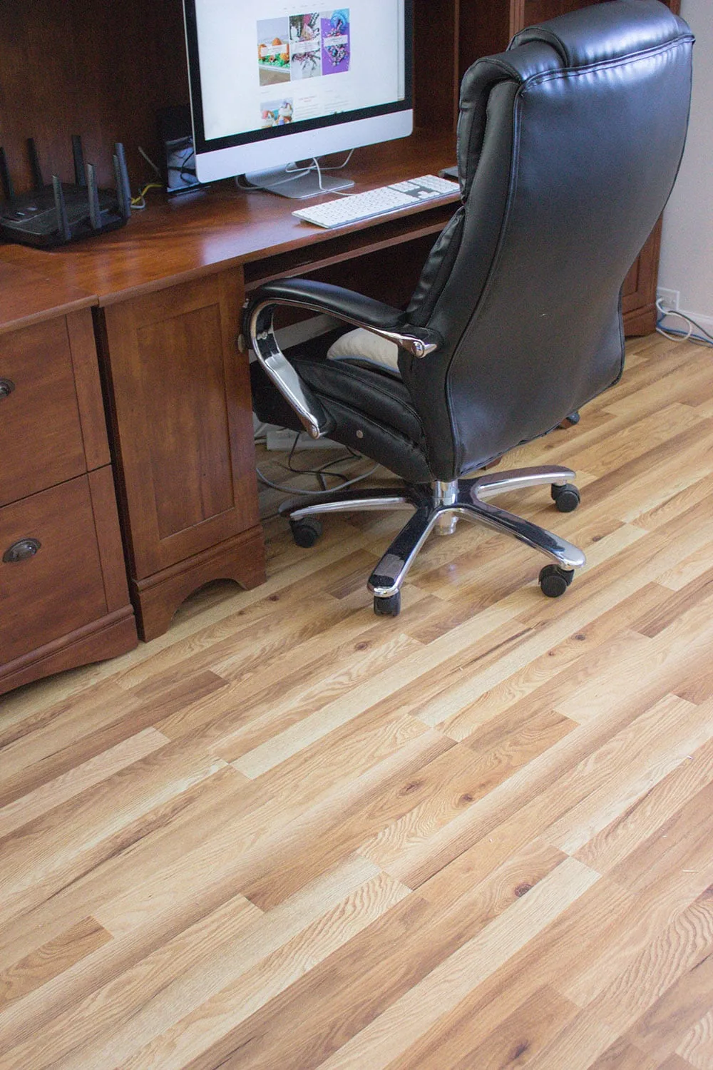 Chair and desk in the office with the new flooring. 