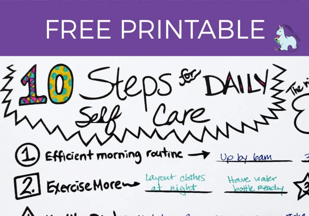 Free printable for 10 steps for daily self care. 