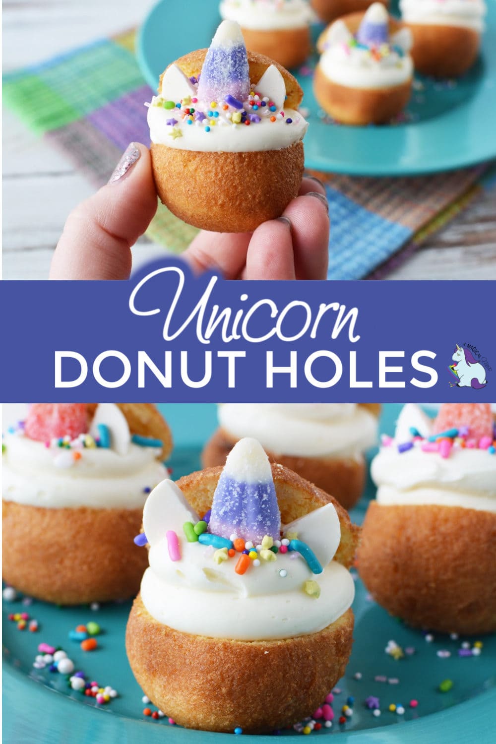 Holding a munchkin donut decorated as a unicorn, and several unicorn donut holes on a plate. 