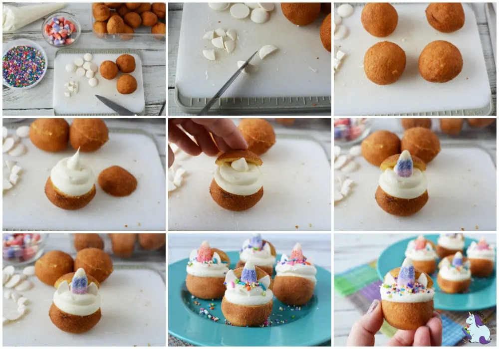 Donut holes and candies in a collage of steps to make unicorn donut holes. 
