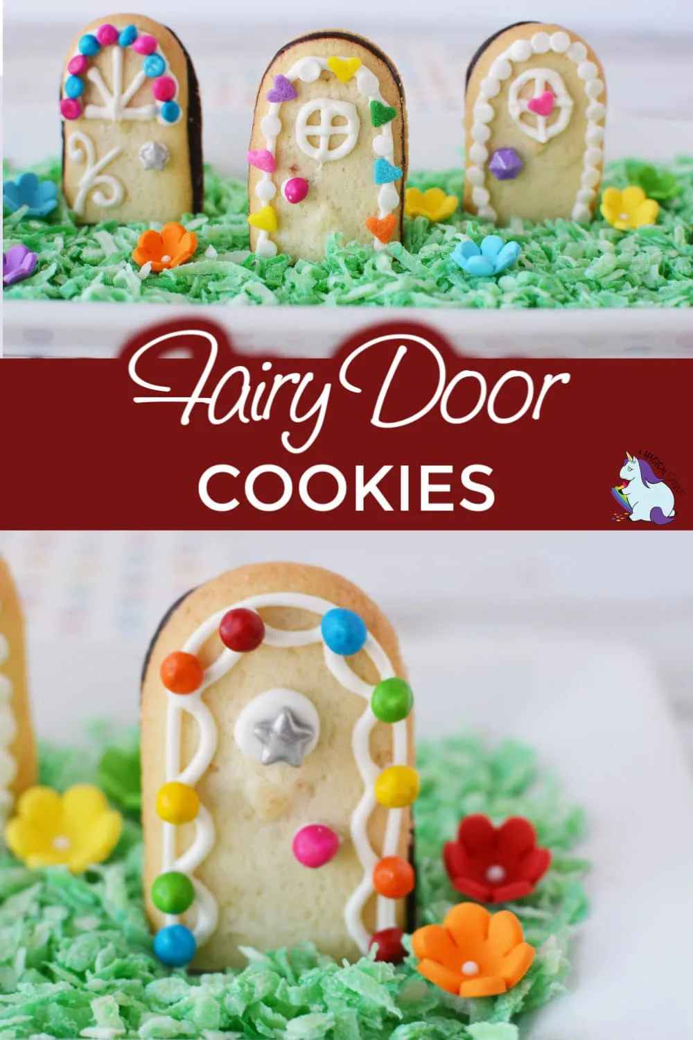 Magical Fairy Door cookies sitting on edible grass in a dish with sugar flowers. 