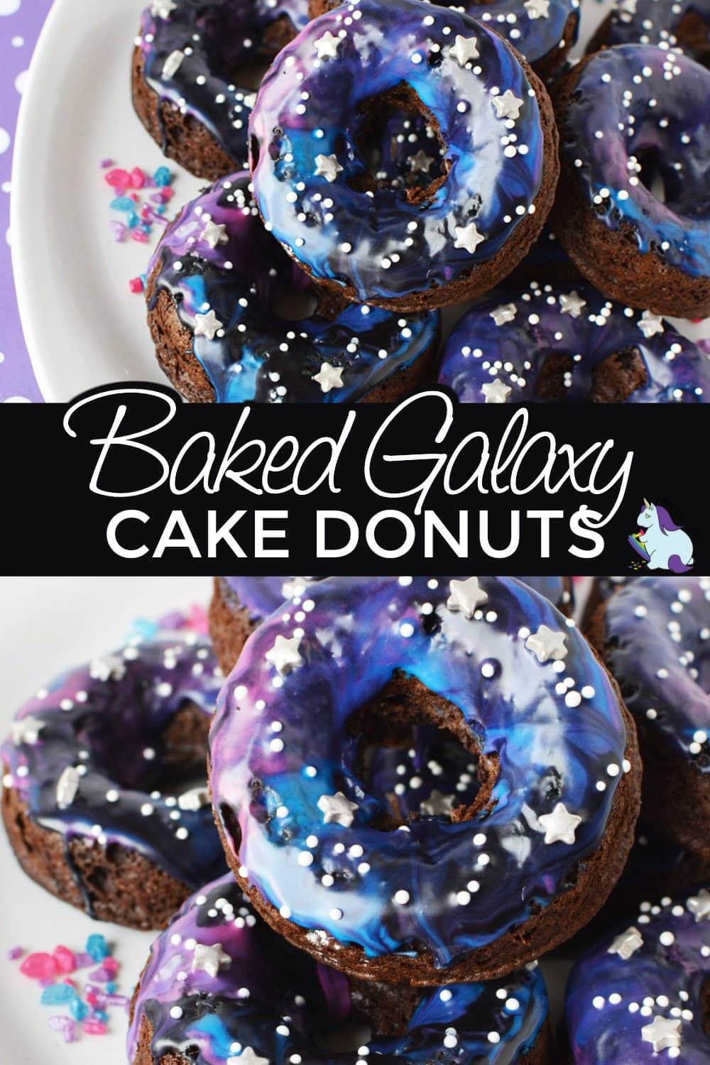 Baked cake donuts on a plate. Galaxy donuts stacked.