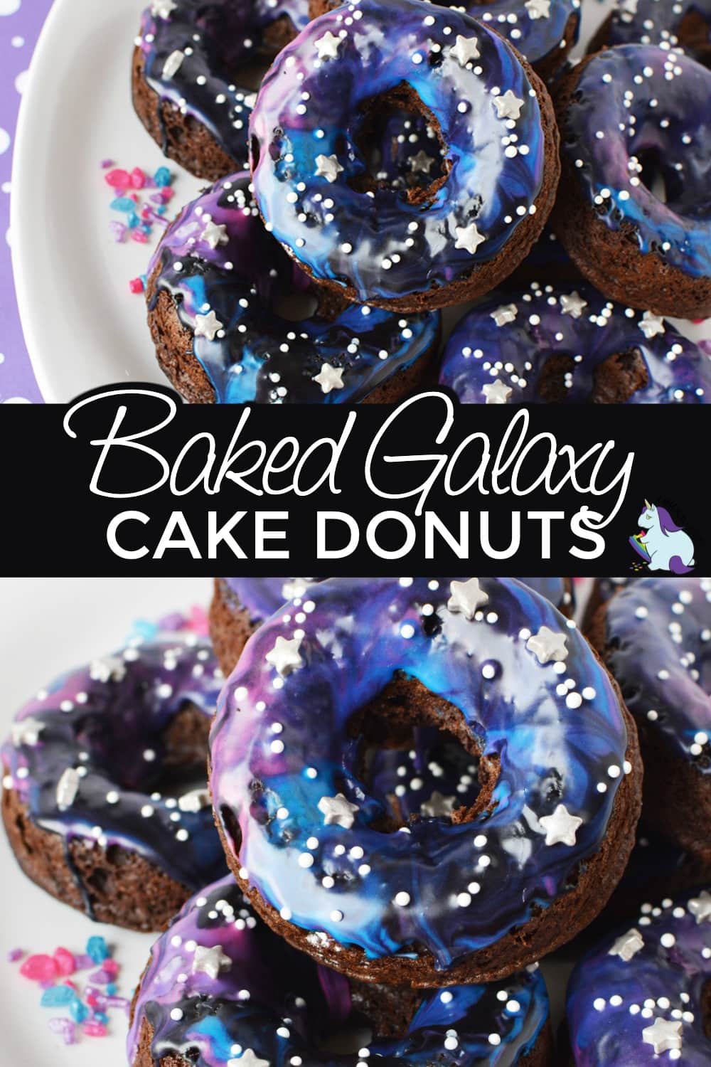 Baked cake donuts on a plate. Galaxy donuts stacked. 