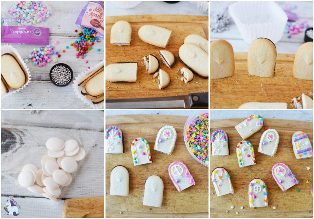 Collage of decorating Milano cookies to look like magical doors. 