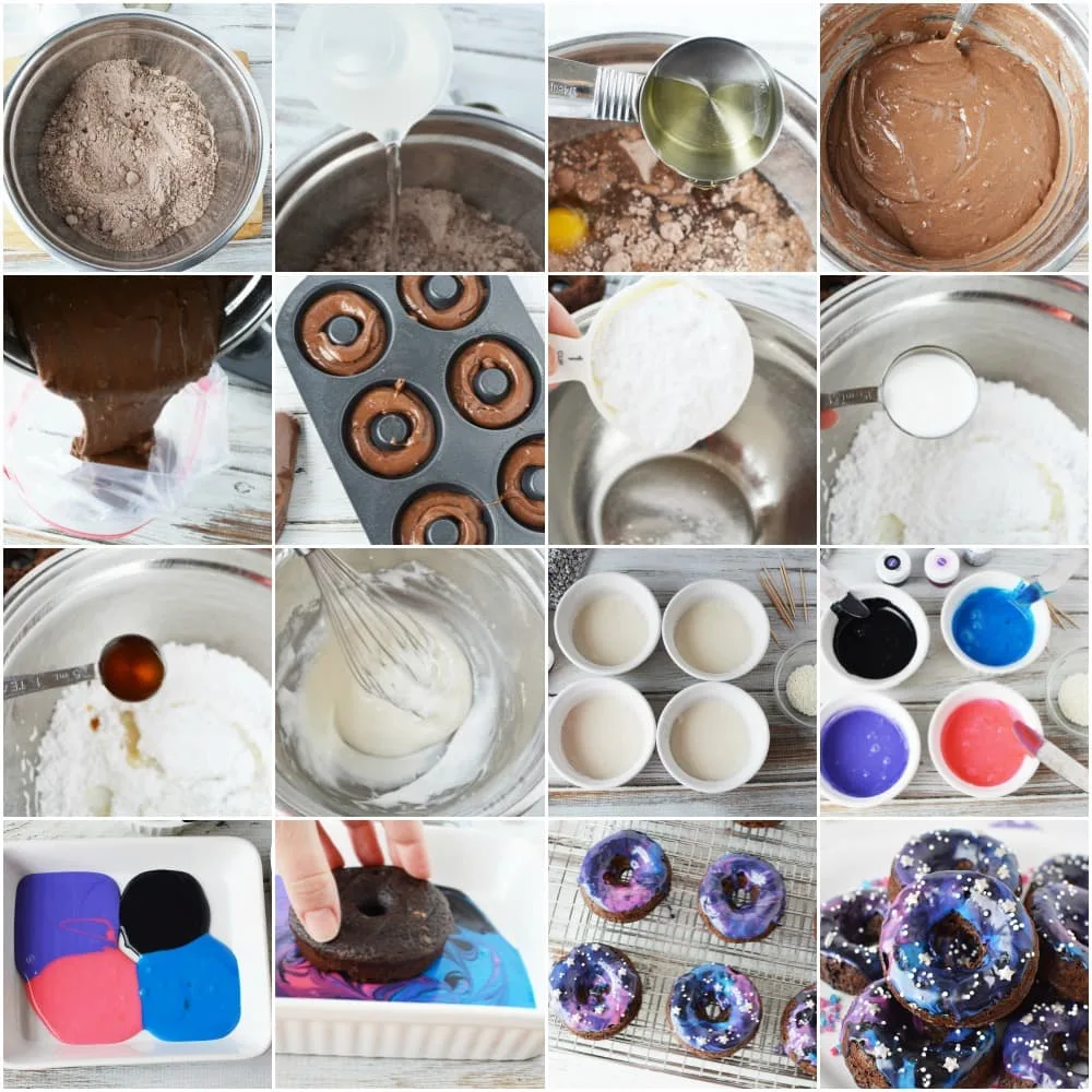 Steps to make baked cake galaxy donuts. 