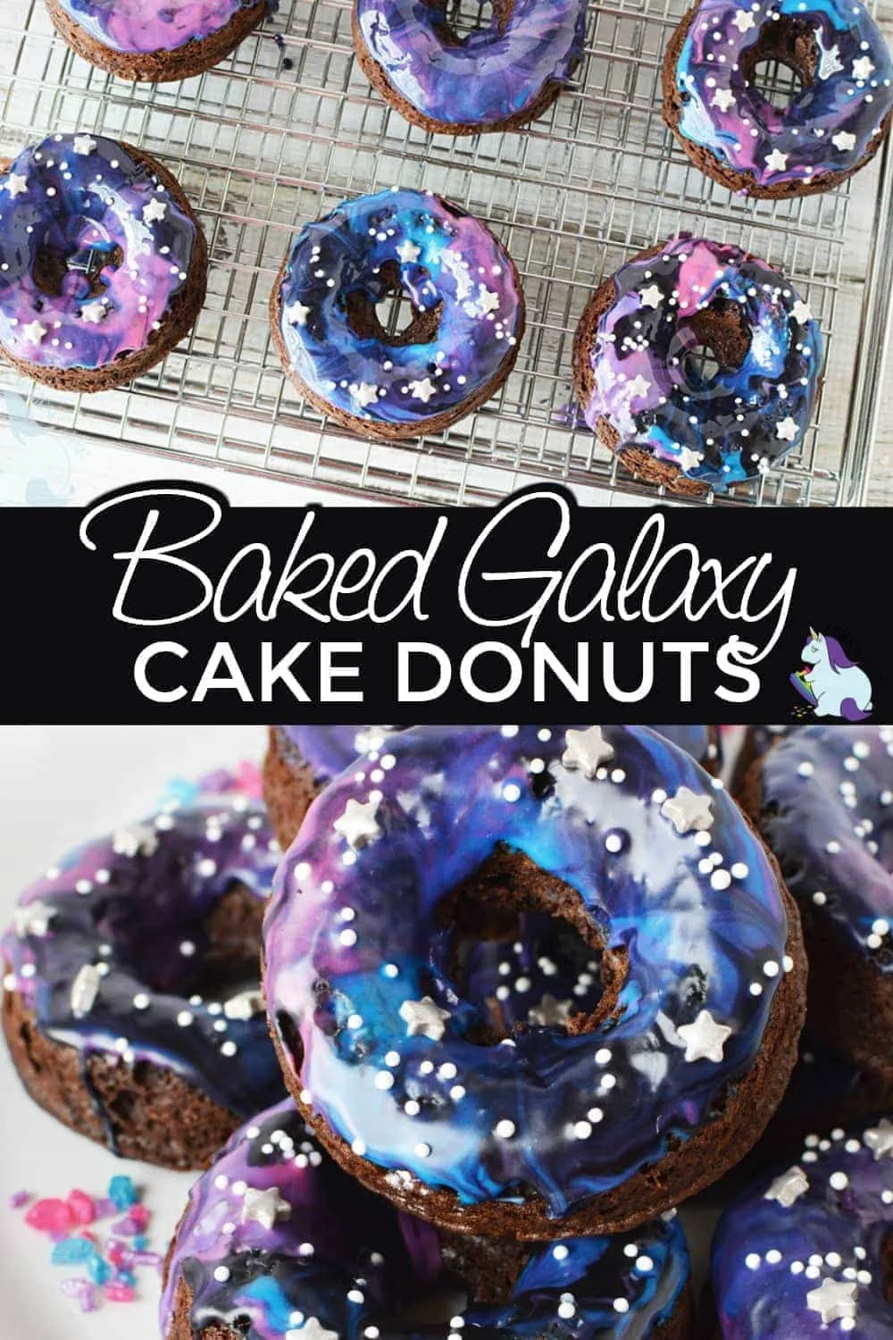 Galaxy donuts on a rack and on a plate.