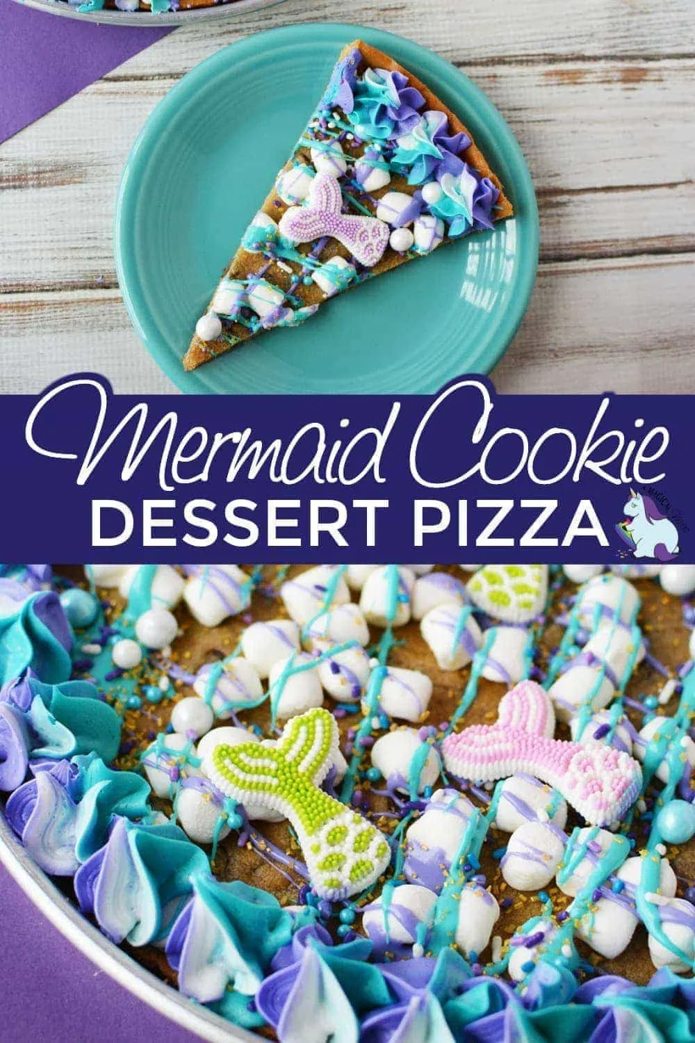 Cookie dessert pizza topped with mermaid decorations. 