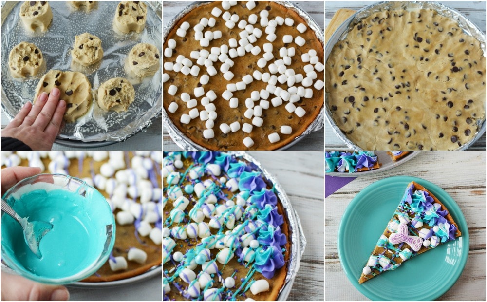 Steps to make a mermaid cookie pizza. 