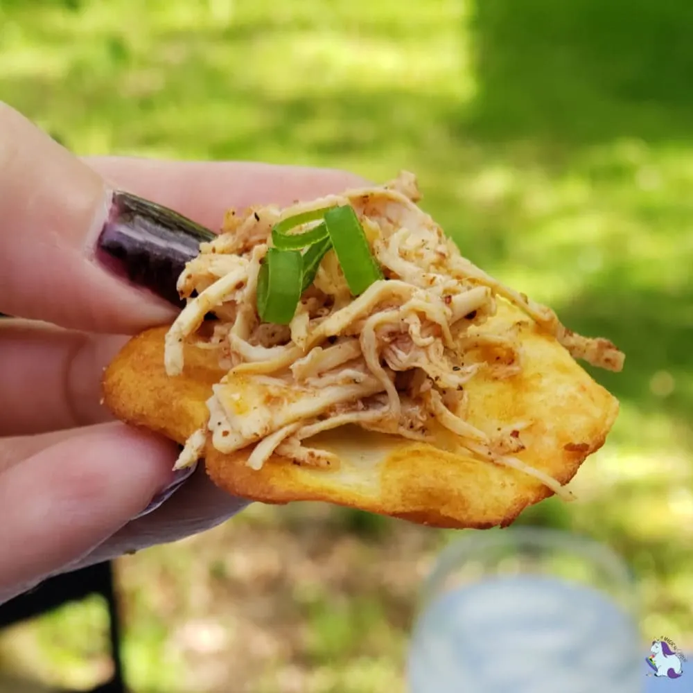 Pulled chicken recipe served on Cheddar RITZ Crisp and Thins.