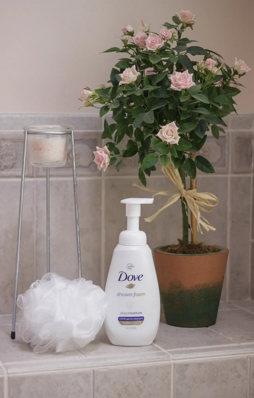 Dove shower foam and a bath poof.