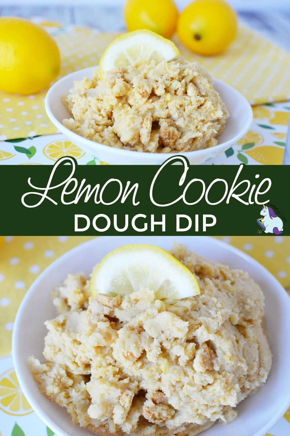 Bowls of lemon cookie dough dip on a table. 