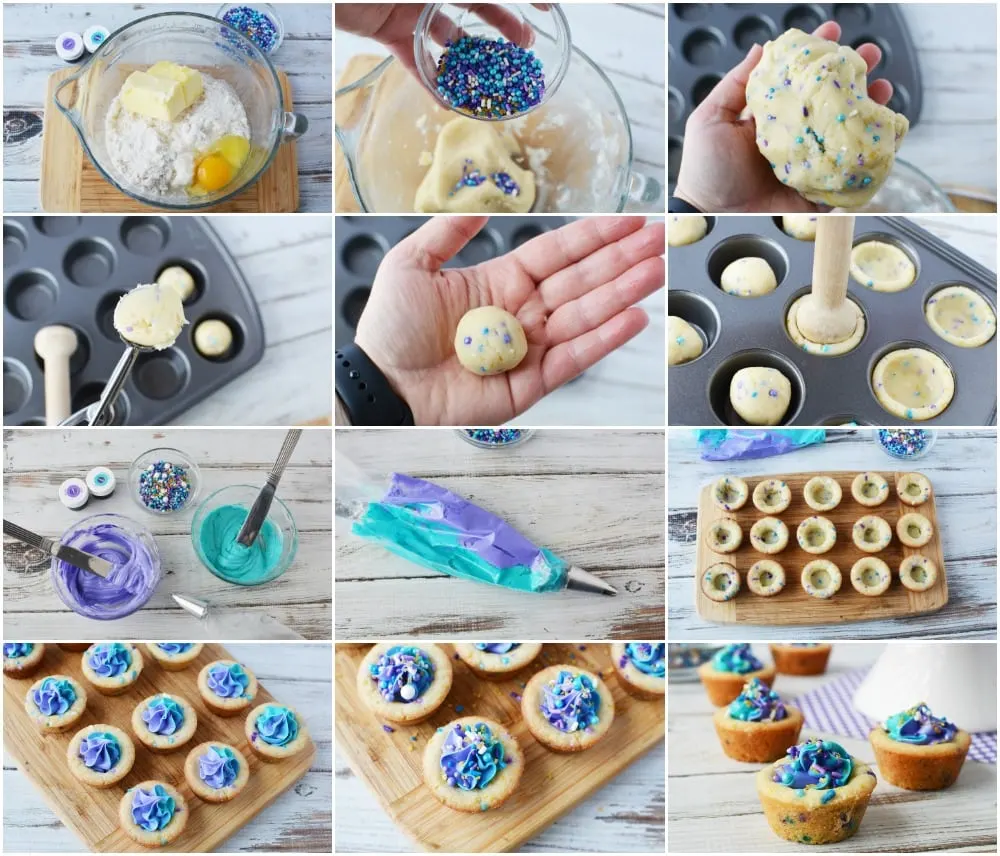 Cookie dough in a mixing bowl, placing the dough in a tin, and decorating with frosting in a collage of steps to make mermaid cookies. 