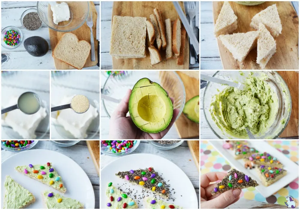 Bread, avocado, chia seeds, and sunflower seeds in a collage of pictures showing the steps to make fairy bread. 