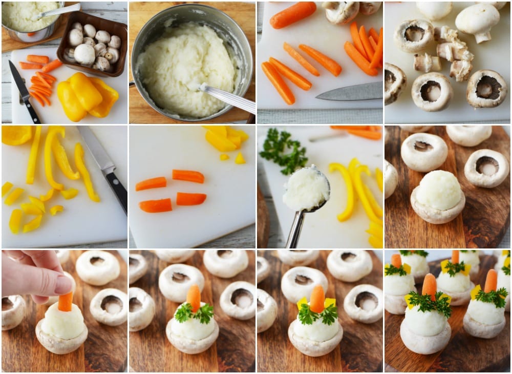 Veggies and mashed potatoes in a collage to make unicorn stuffed mushrooms. 