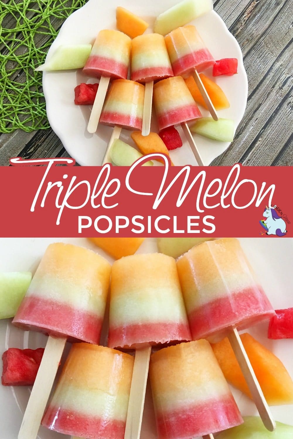 Cantaloupe, honeydew, and watermelon popsicles recipe layered.