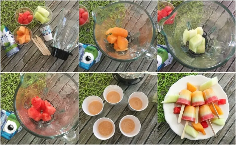 Melon in cups and a blender showing steps to make triple melon ice pops. 